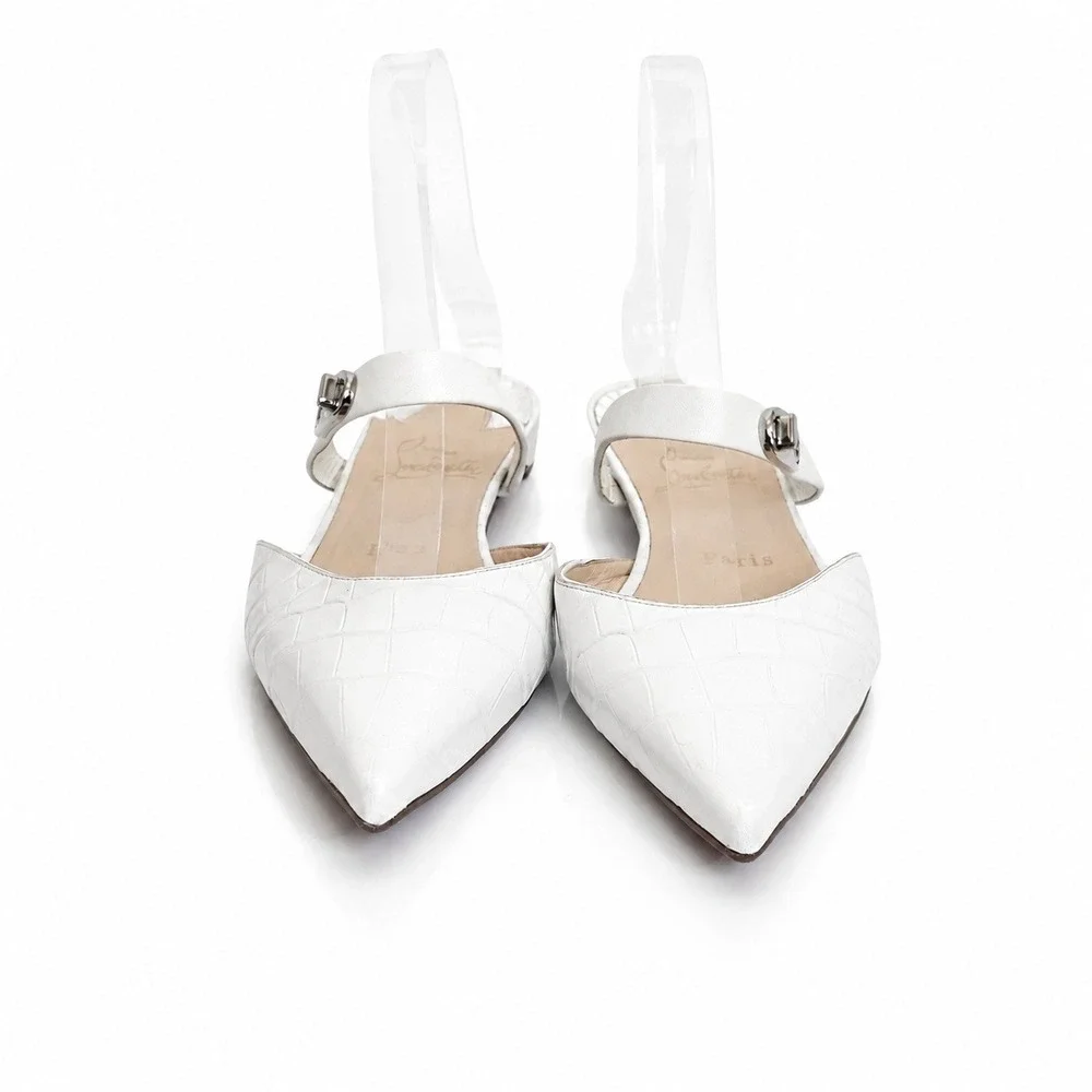 Christian Louboutin CHOC LOCK Croc Embossed Leather Flat Mules White‎ Sz 36